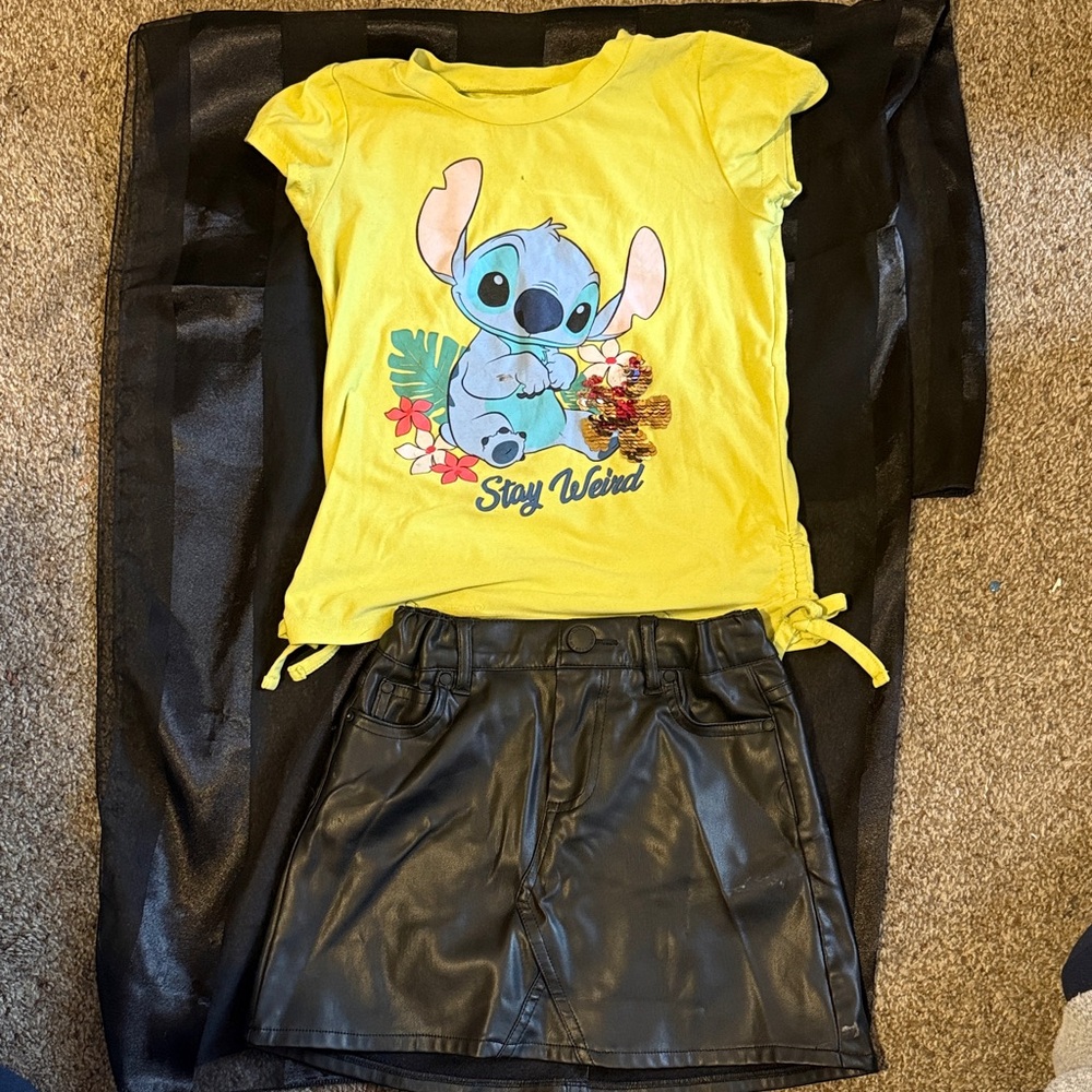Stylish Kids Black Faux Leather Shorts with Stitch summer top